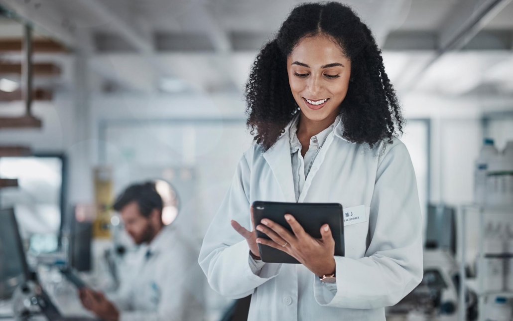 View of a doctor holding a tablet