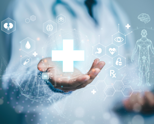 Doctor holding up human anatomy and medical graphic, front view photo edit