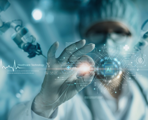 Doctor interacting with ai graphic in healthcare space
